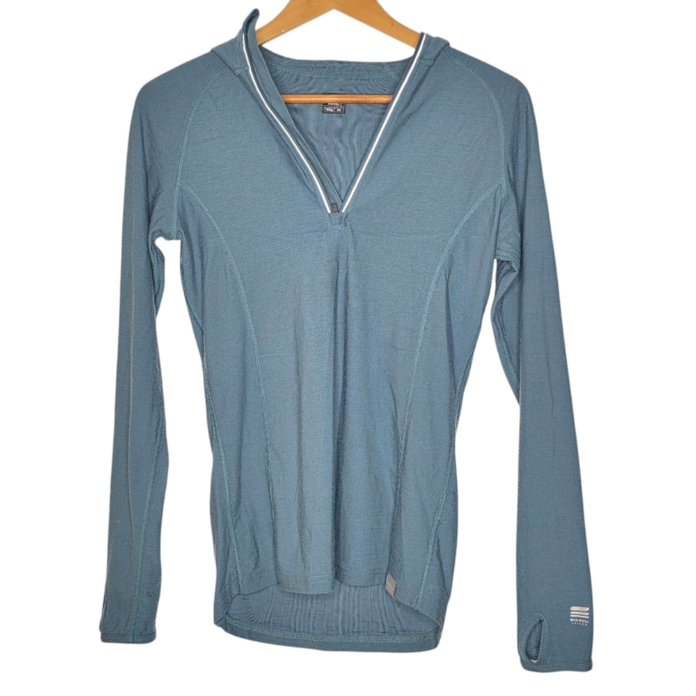 Meriwool Layers Quarter Zip Pullover Sweater Teal Blue / Green Hooded‎ 190g XS